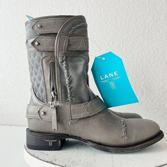 Lane Dustoff Women’s Western Moto Boots Gray Leather Harness Zip Ankle Size 7.5 - Picture 2 of 11